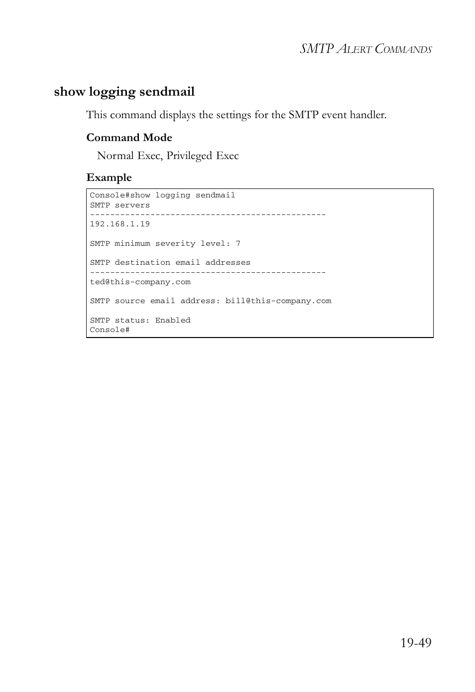 Show logging sendmail, Show logging sendmail -49, Smtp a | 49 show logging sendmail | SMC Networks SMC TigerAccess SMC7824M/FSW User Manual | Page 419 / 748