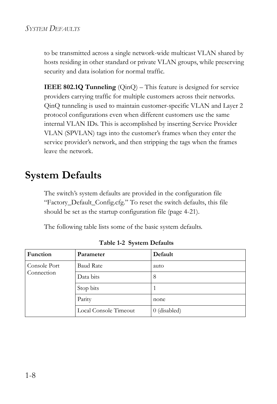 System defaults, System defaults -8, Table 1-2 | SMC Networks SMC TigerAccess SMC7824M/FSW User Manual | Page 42 / 748