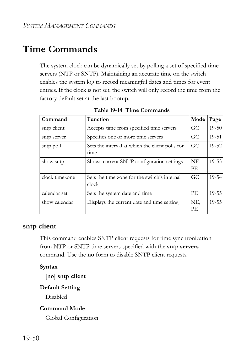 Time commands, Sntp client, Time commands -50 | Sntp client -50, Table 19-14 time commands -50 | SMC Networks SMC TigerAccess SMC7824M/FSW User Manual | Page 420 / 748