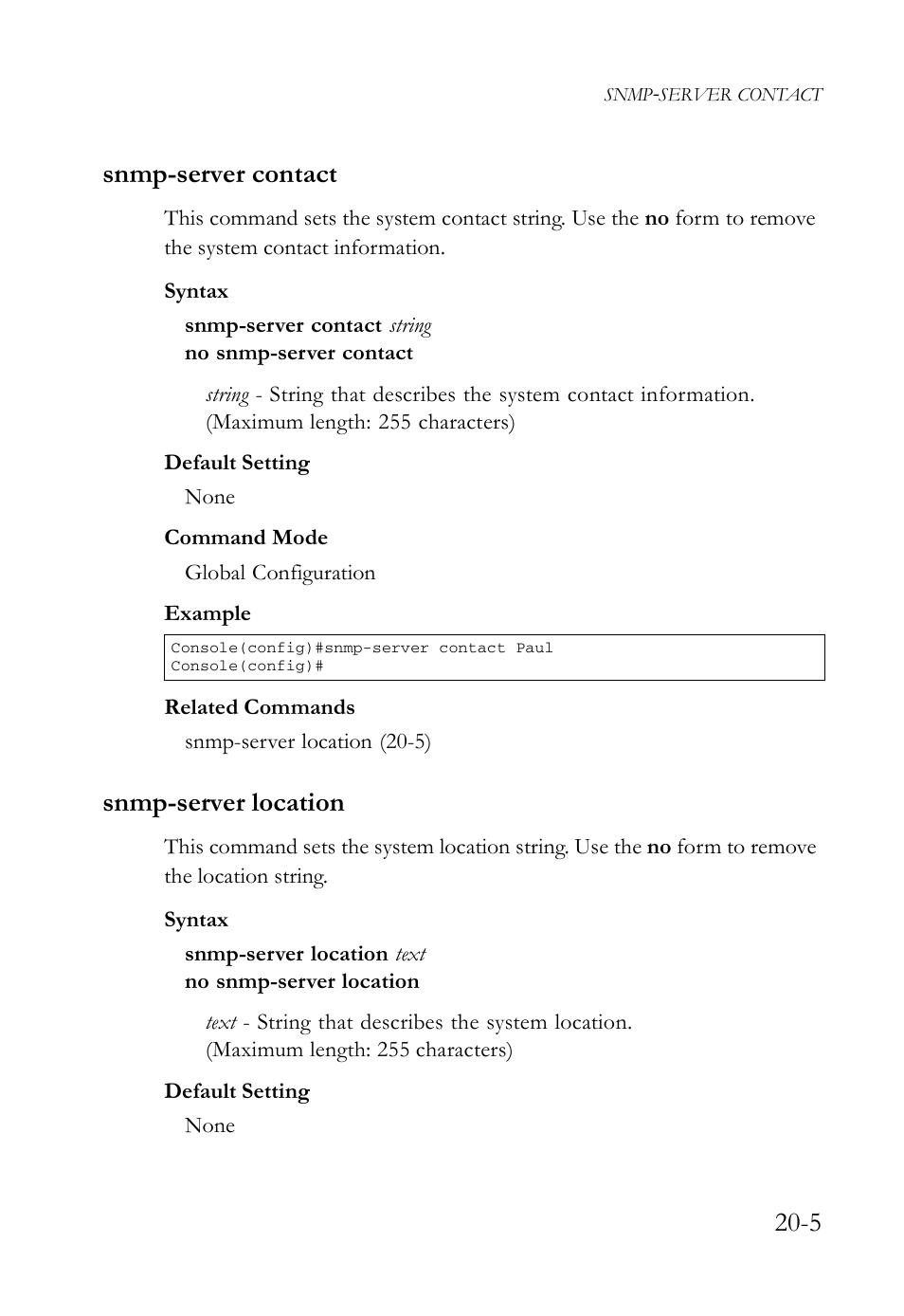 Snmp-server contact, Snmp-server location, Snmp-server contact -5 snmp-server location -5 | 5 snmp-server contact | SMC Networks SMC TigerAccess SMC7824M/FSW User Manual | Page 431 / 748