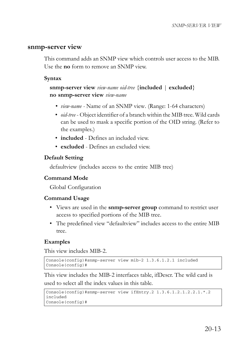 Snmp-server view, Snmp-server view -13, 13 snmp-server view | SMC Networks SMC TigerAccess SMC7824M/FSW User Manual | Page 439 / 748
