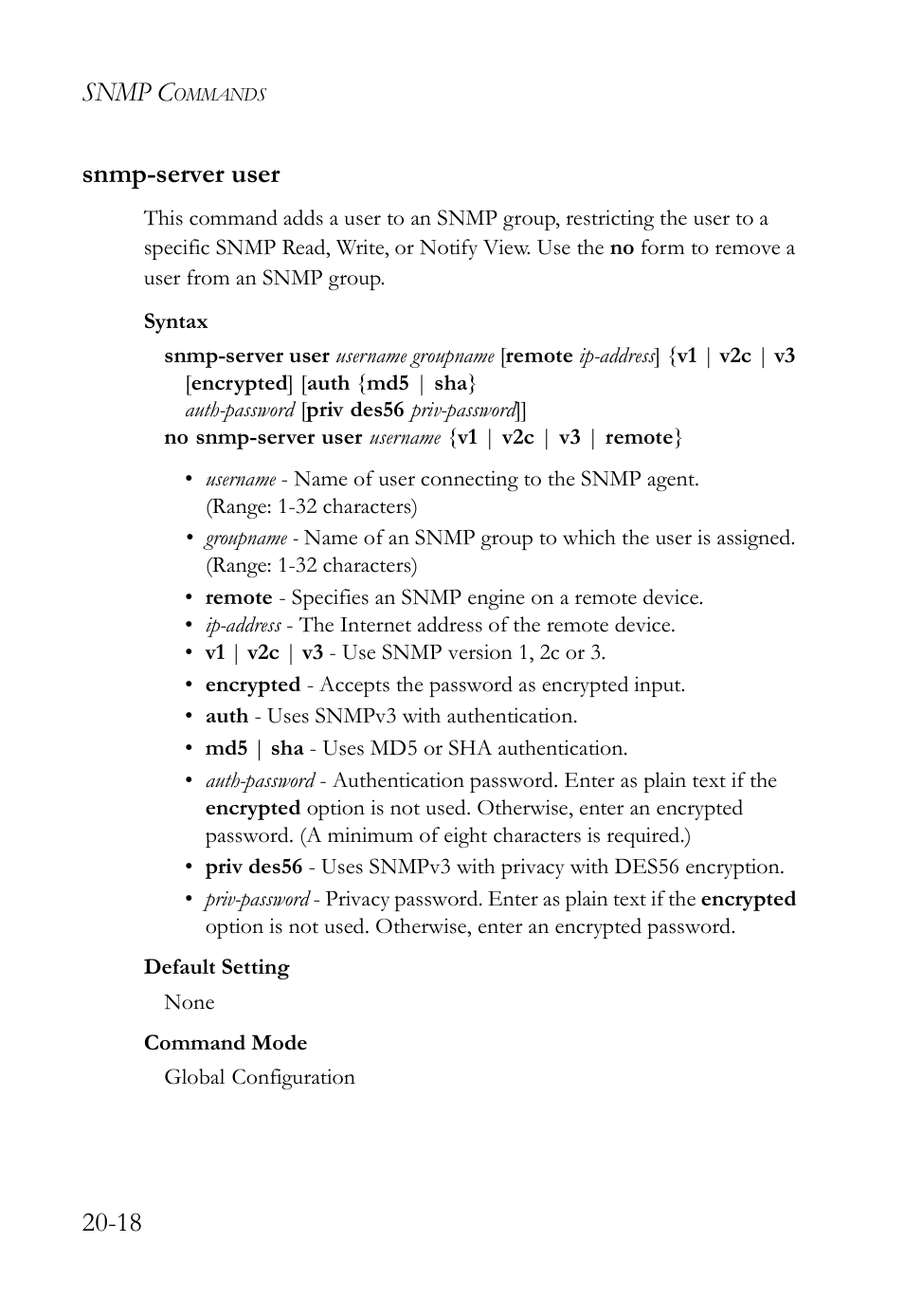 Snmp-server user, Snmp-server user -18, Snmp c | 18 snmp-server user | SMC Networks SMC TigerAccess SMC7824M/FSW User Manual | Page 444 / 748