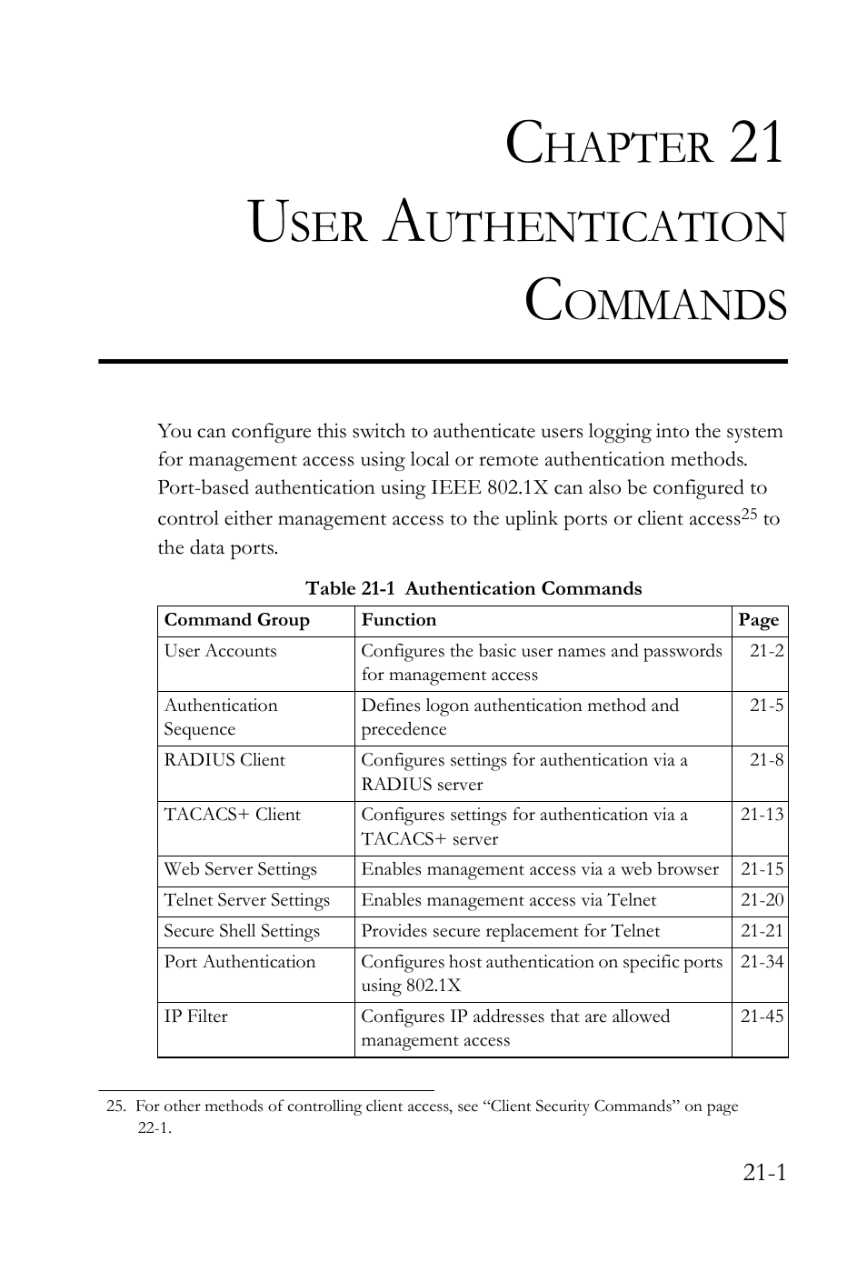 Chapter 21 user authentication commands, User authentication commands -1, Table 21-1 authentication commands -1 | User authentication commands, 21 u, Hapter, Uthentication, Ommands | SMC Networks SMC TigerAccess SMC7824M/FSW User Manual | Page 447 / 748