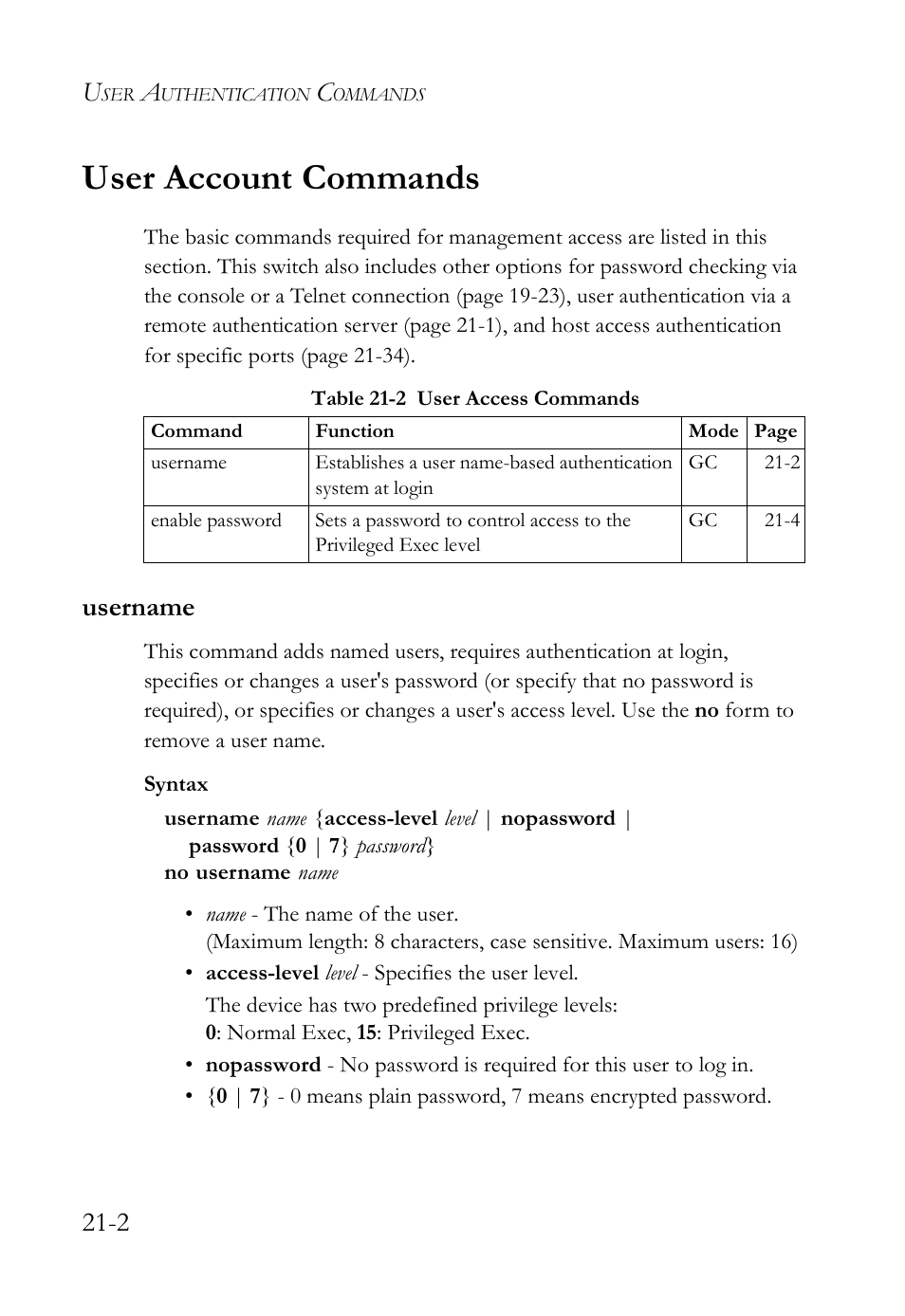 User account commands, Username, User account commands -2 | Username -2, Table 21-2 user access commands -2 | SMC Networks SMC TigerAccess SMC7824M/FSW User Manual | Page 448 / 748