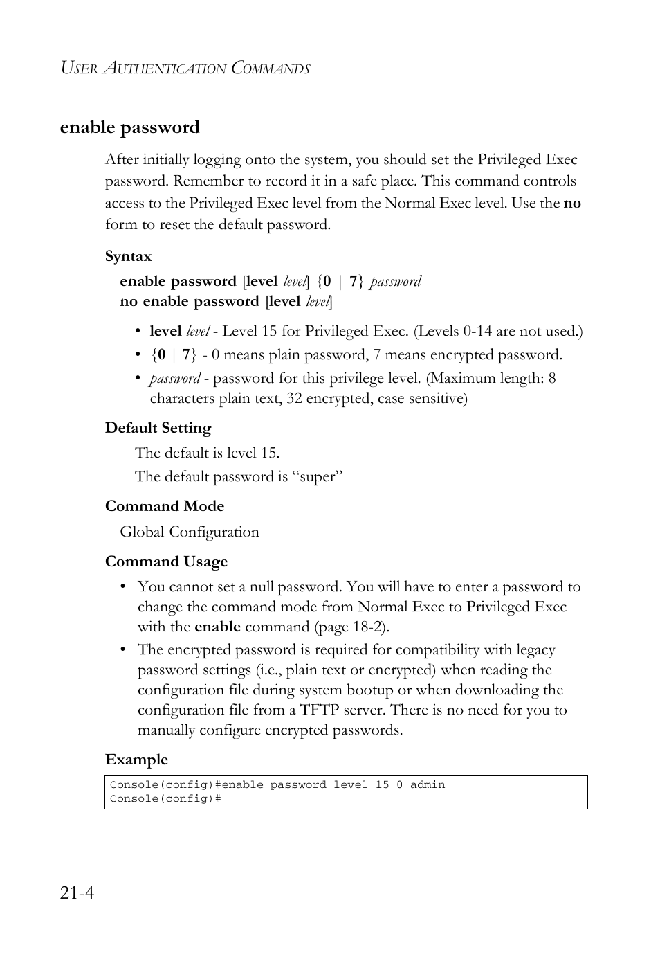 Enable password, Enable password -4, Enable password (21-4) | 4 enable password | SMC Networks SMC TigerAccess SMC7824M/FSW User Manual | Page 450 / 748