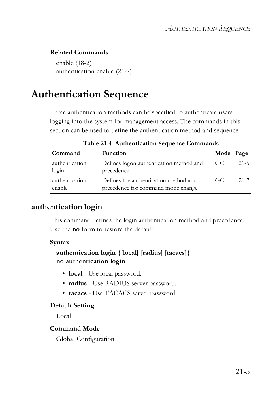 Authentication sequence, Authentication login, Authentication sequence -5 | Authentication login -5, Table 21-4 authentication sequence commands -5 | SMC Networks SMC TigerAccess SMC7824M/FSW User Manual | Page 451 / 748