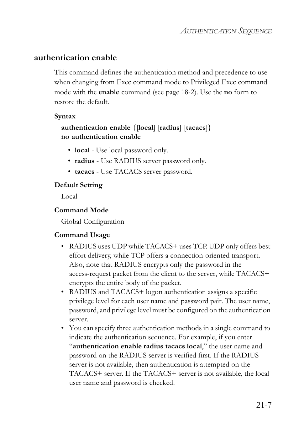 Authentication enable, Authentication enable -7, Authentication enable (21-7) | 7 authentication enable | SMC Networks SMC TigerAccess SMC7824M/FSW User Manual | Page 453 / 748