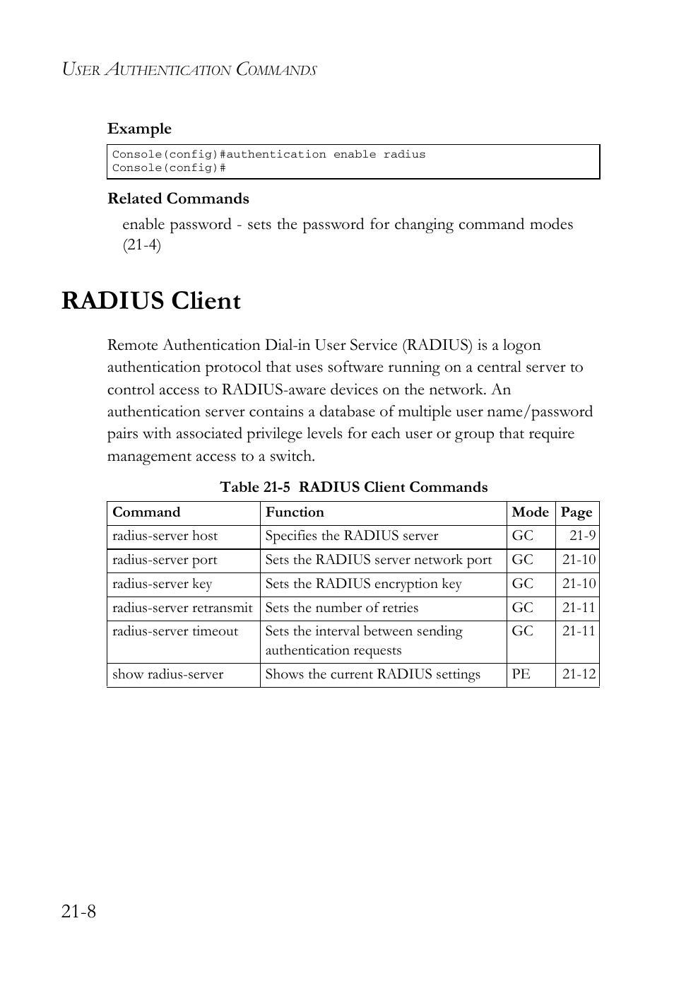 Radius client, Radius client -8, Table 21-5 radius client commands -8 | SMC Networks SMC TigerAccess SMC7824M/FSW User Manual | Page 454 / 748