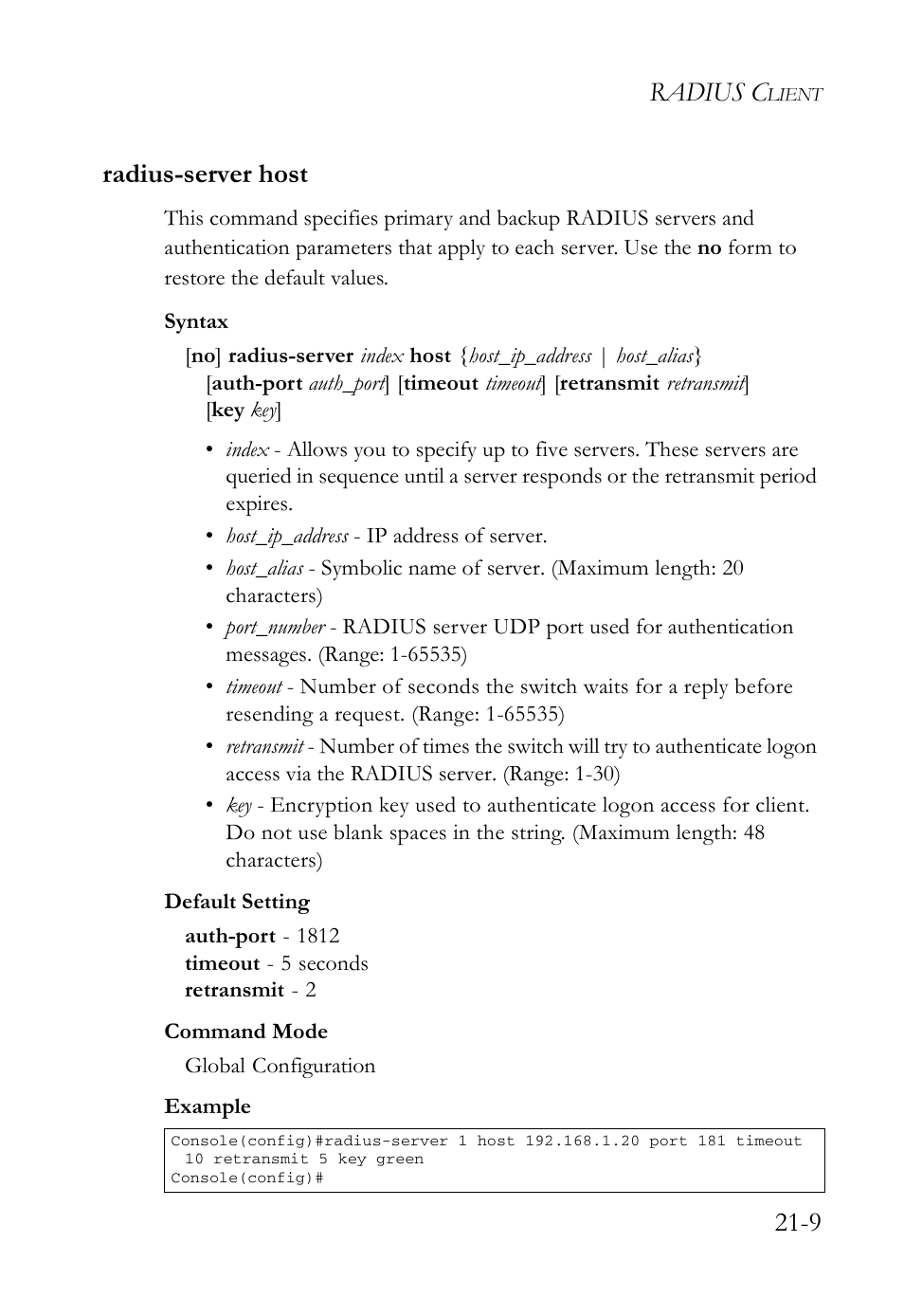 Radius-server host, Radius-server host -9, Radius c | 9 radius-server host | SMC Networks SMC TigerAccess SMC7824M/FSW User Manual | Page 455 / 748