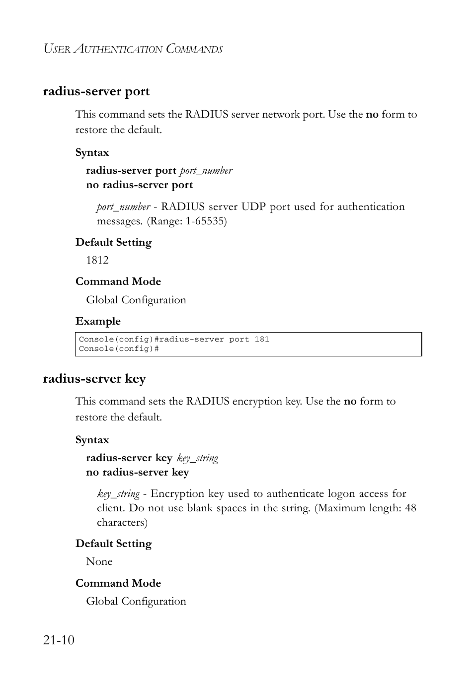 Radius-server port, Radius-server key, Radius-server port -10 radius-server key -10 | 10 radius-server port | SMC Networks SMC TigerAccess SMC7824M/FSW User Manual | Page 456 / 748