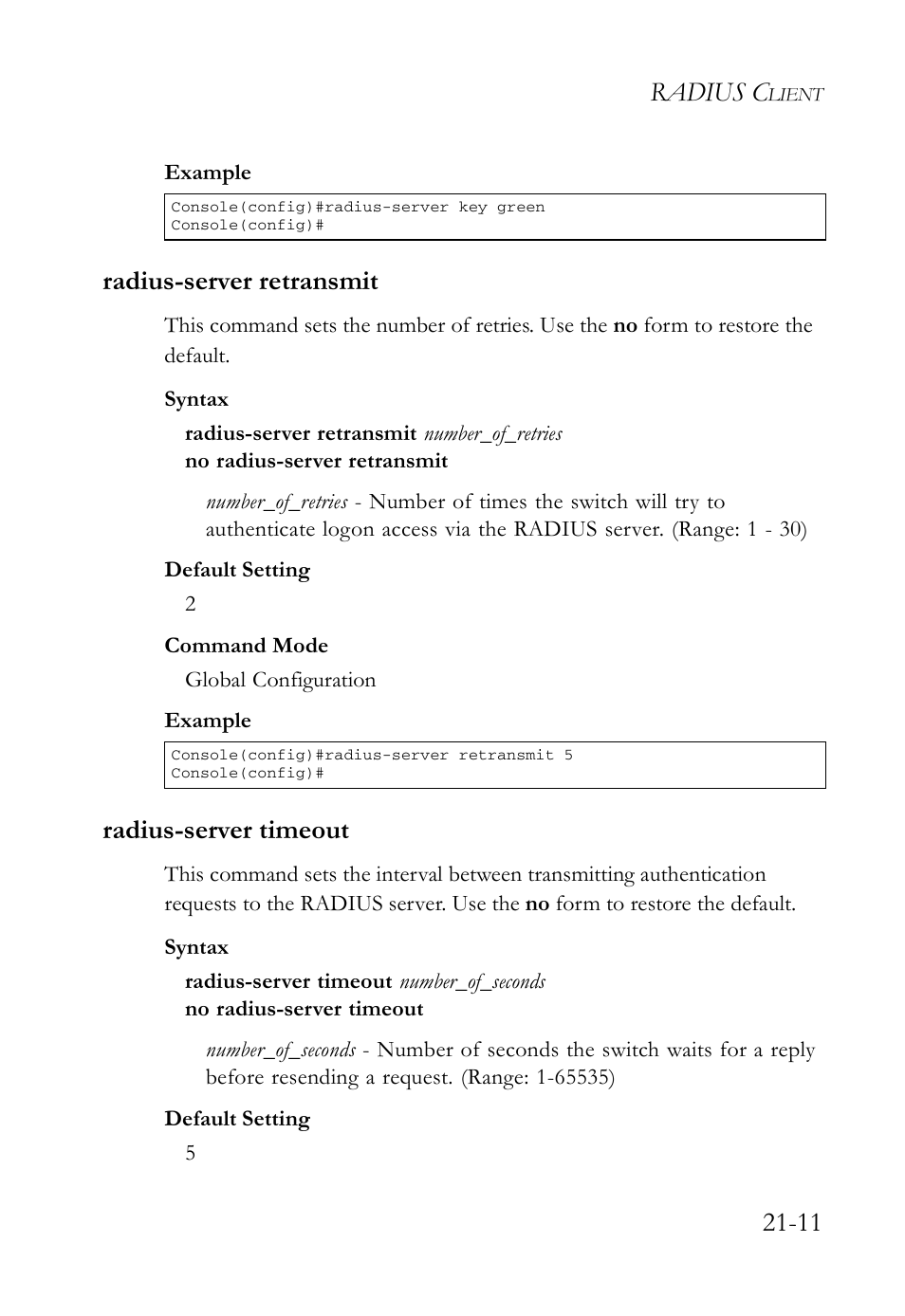 Radius-server retransmit, Radius-server timeout, Radius c | SMC Networks SMC TigerAccess SMC7824M/FSW User Manual | Page 457 / 748