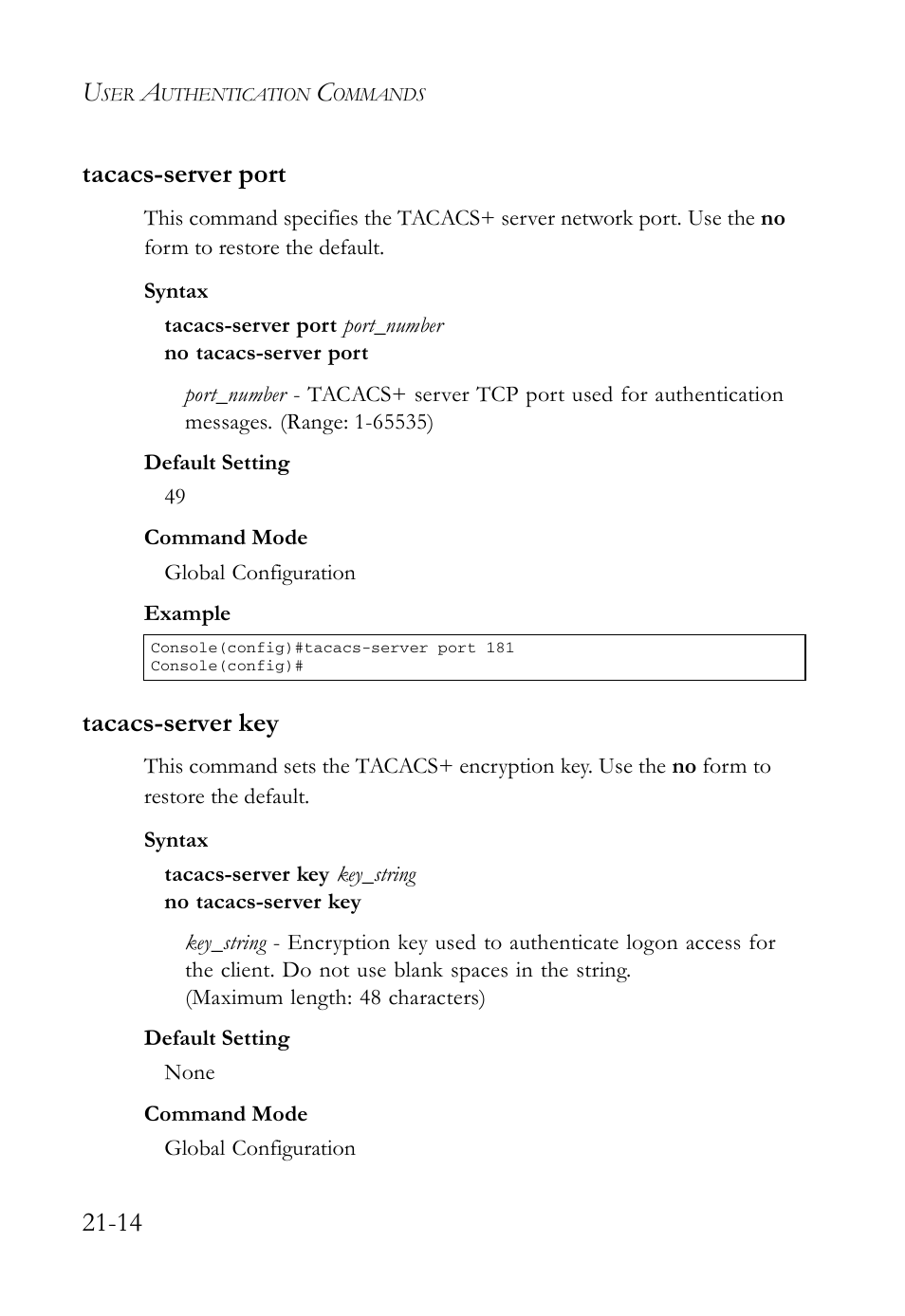 Tacacs-server port, Tacacs-server key, Tacacs-server port -14 tacacs-server key -14 | 14 tacacs-server port | SMC Networks SMC TigerAccess SMC7824M/FSW User Manual | Page 460 / 748