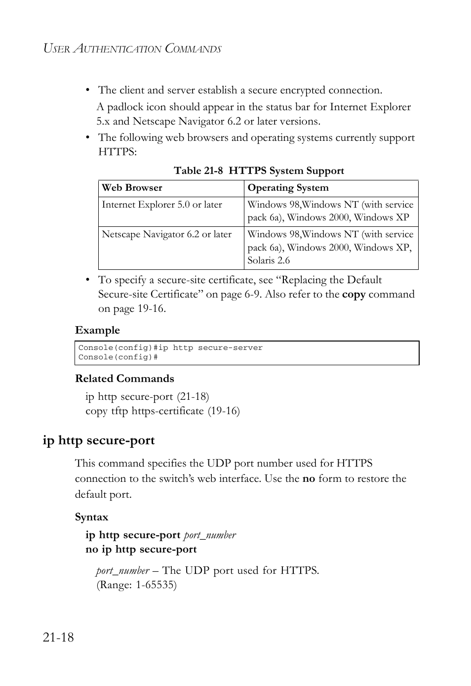Ip http secure-port, Ip http secure-port -18, Table 21-8 https system support -18 | SMC Networks SMC TigerAccess SMC7824M/FSW User Manual | Page 464 / 748