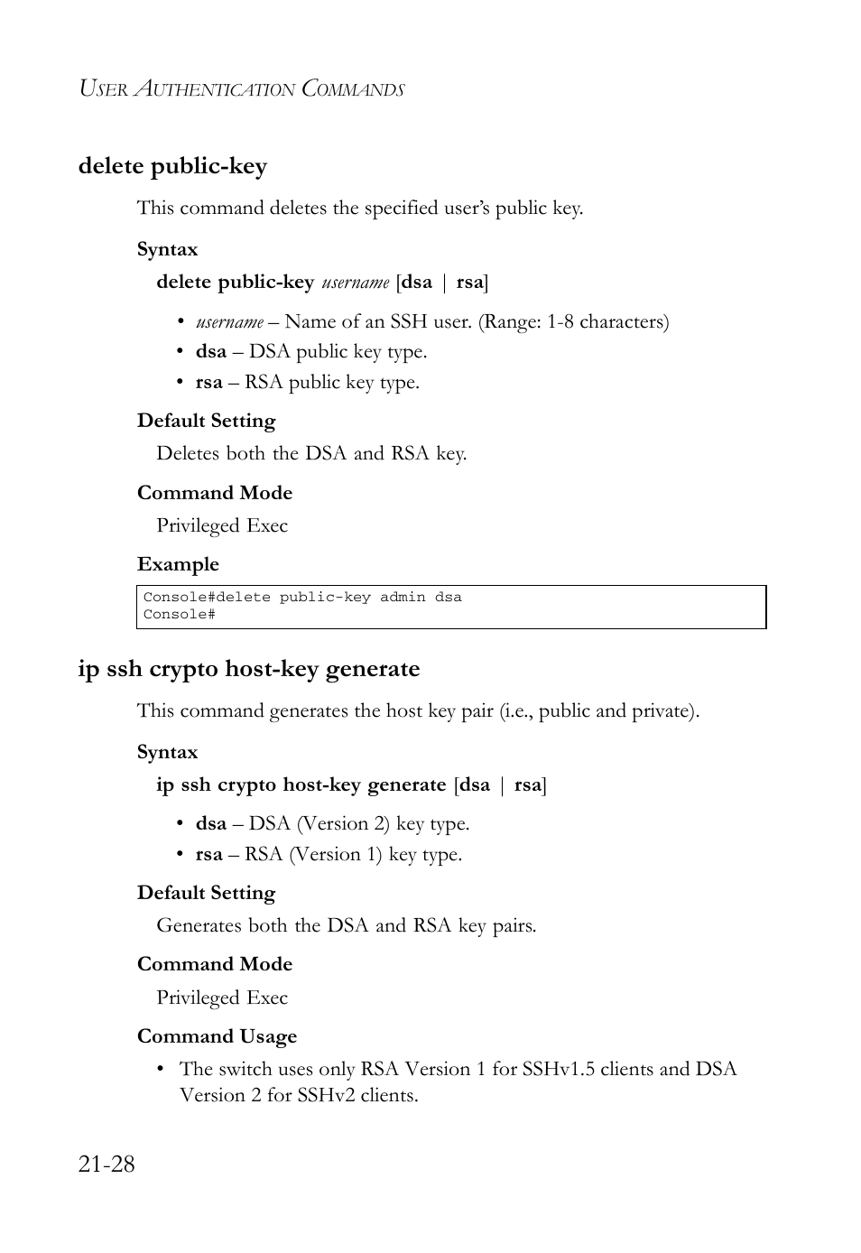 Delete public-key, Ip ssh crypto host-key generate, 28 delete public-key | SMC Networks SMC TigerAccess SMC7824M/FSW User Manual | Page 474 / 748
