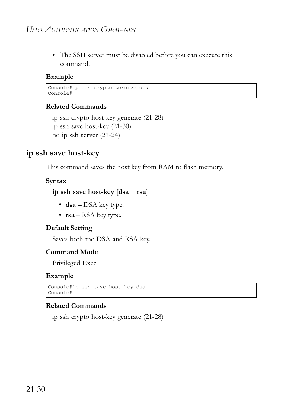 Ip ssh save host-key, Ip ssh save host-key -30, Ip ssh save host-key co | Ip ssh save host-key (21-30) | SMC Networks SMC TigerAccess SMC7824M/FSW User Manual | Page 476 / 748