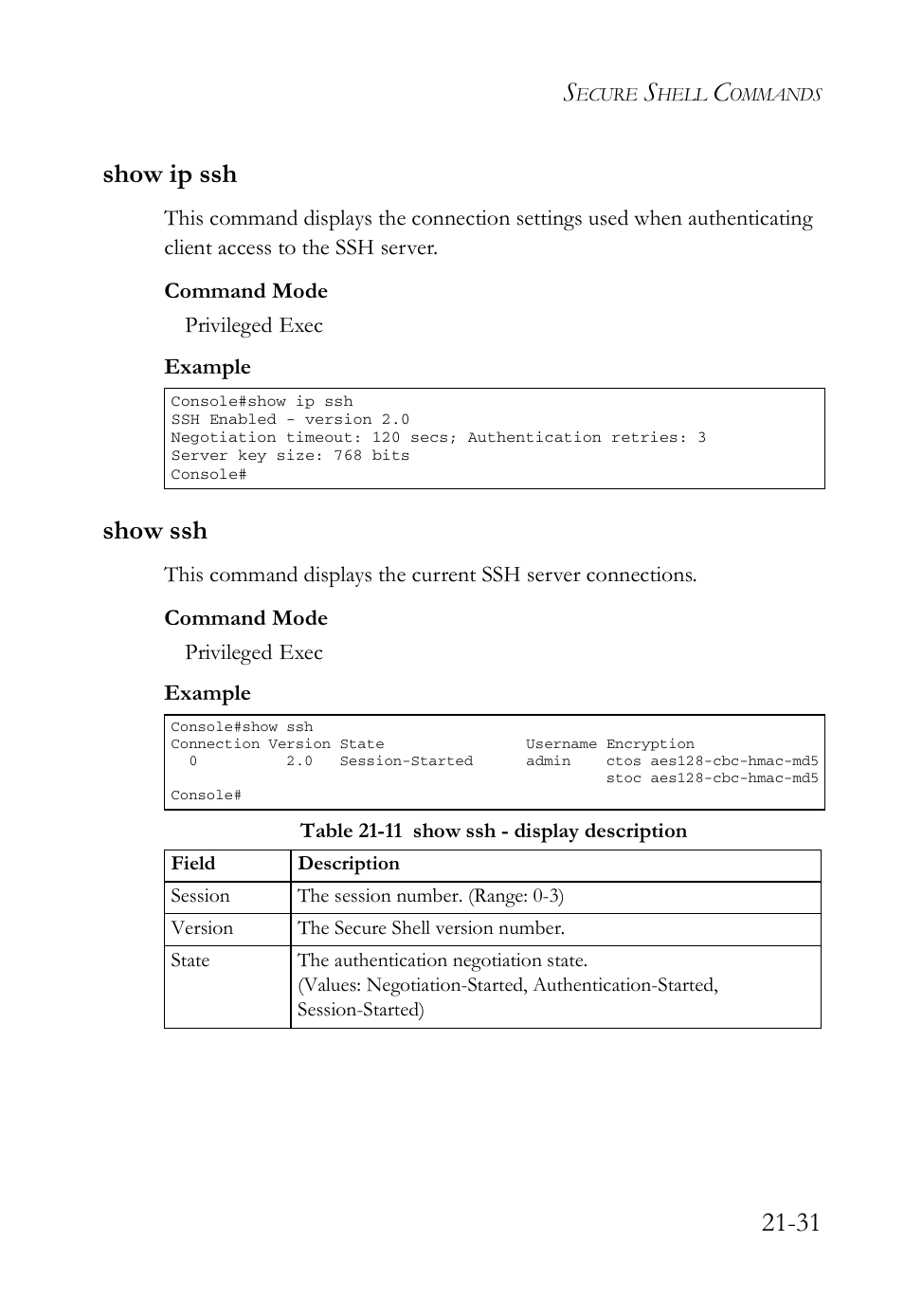 Show ip ssh, Show ssh, Show ip ssh -31 show ssh -31 | Table 21-11 show ssh - display description -31, 31 show ip ssh | SMC Networks SMC TigerAccess SMC7824M/FSW User Manual | Page 477 / 748