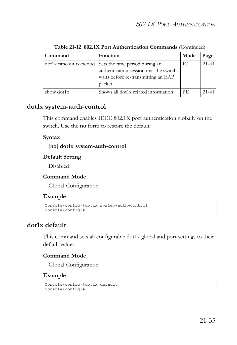 Dot1x system-auth-control, Dot1x default, Dot1x system-auth-control -35 dot1x default -35 | 1x p, 35 dot1x system-auth-control | SMC Networks SMC TigerAccess SMC7824M/FSW User Manual | Page 481 / 748