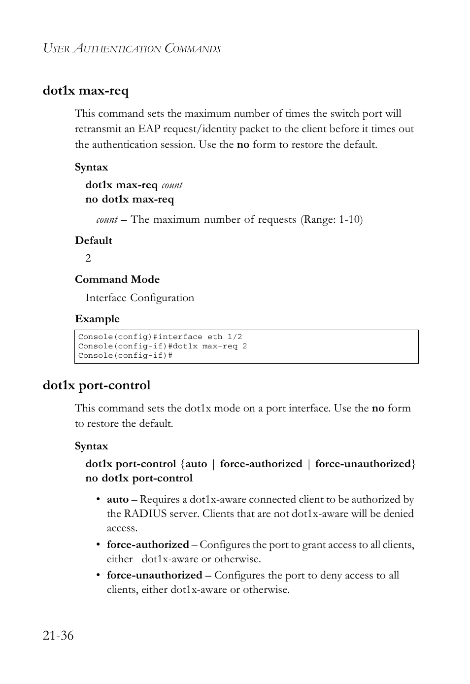 Dot1x max-req, Dot1x port-control, Dot1x max-req -36 dot1x port-control -36 | 36 dot1x max-req | SMC Networks SMC TigerAccess SMC7824M/FSW User Manual | Page 482 / 748