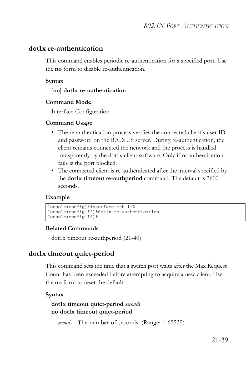 Dot1x re-authentication, Dot1x timeout quiet-period, 1x p | 39 dot1x re-authentication | SMC Networks SMC TigerAccess SMC7824M/FSW User Manual | Page 485 / 748