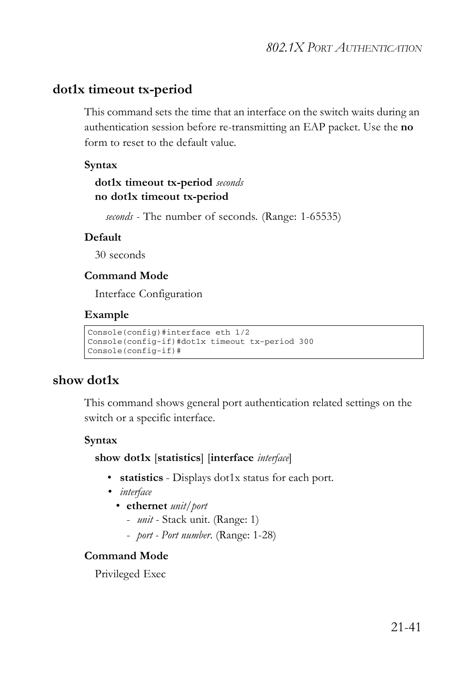 Dot1x timeout tx-period, Show dot1x, Dot1x timeout tx-period -41 show dot1x -41 | 1x p, 41 dot1x timeout tx-period | SMC Networks SMC TigerAccess SMC7824M/FSW User Manual | Page 487 / 748