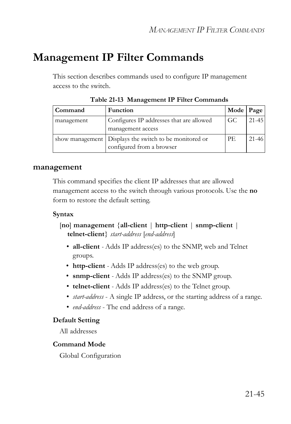 Management ip filter commands, Management, Management ip filter commands -45 | Management -45, Table 21-13 management ip filter commands -45, Ip f | SMC Networks SMC TigerAccess SMC7824M/FSW User Manual | Page 491 / 748