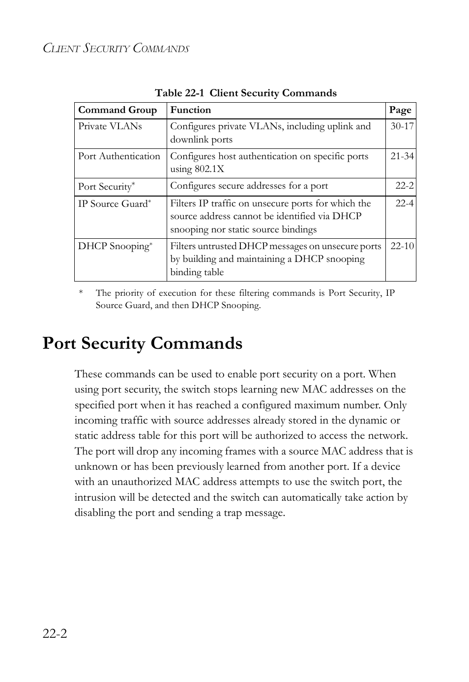 Port security commands, Port security commands -2, Table 22-1 client security commands -2 | SMC Networks SMC TigerAccess SMC7824M/FSW User Manual | Page 496 / 748