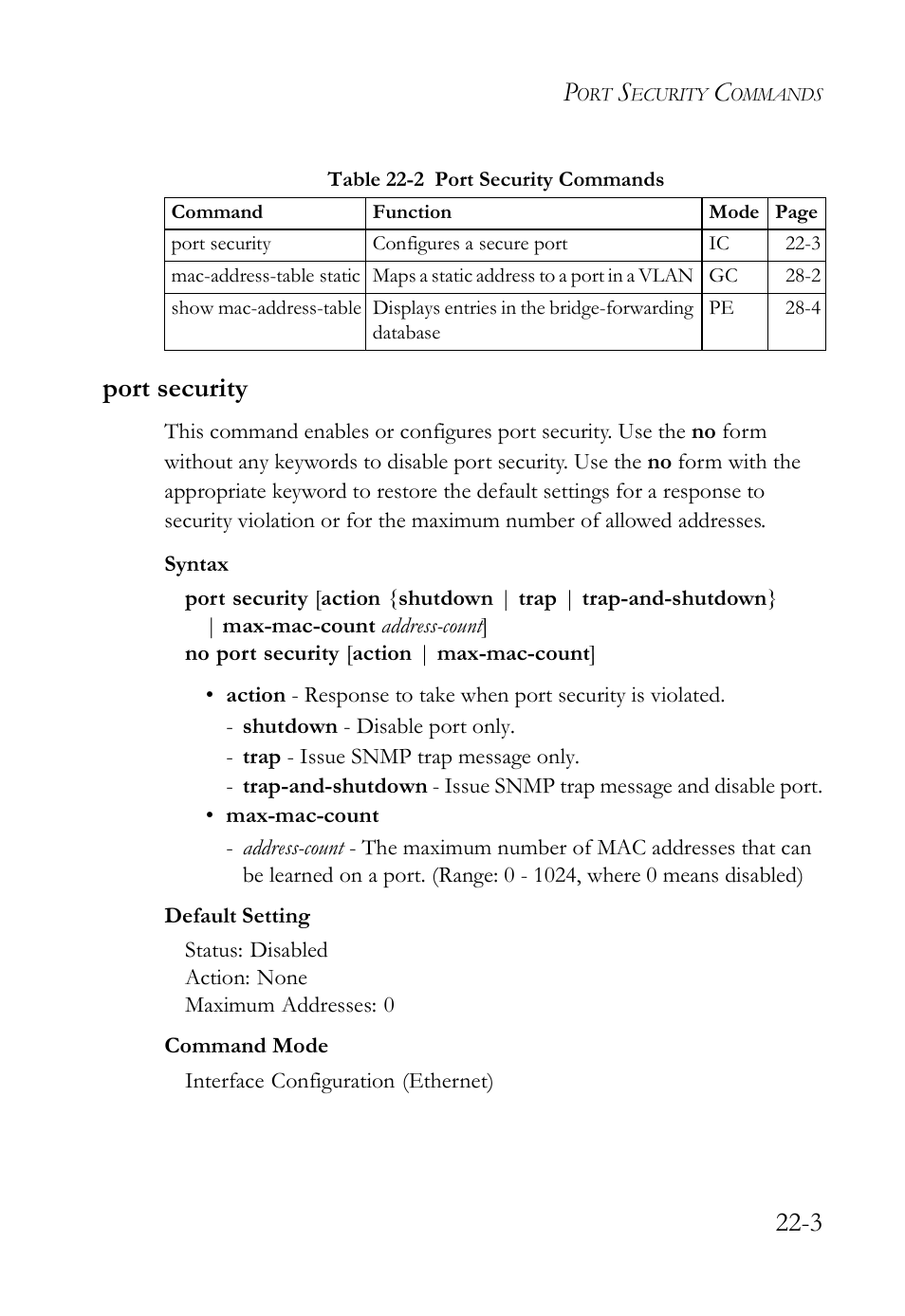 Port security, Port security -3, Table 22-2 port security commands -3 | 3 port security | SMC Networks SMC TigerAccess SMC7824M/FSW User Manual | Page 497 / 748