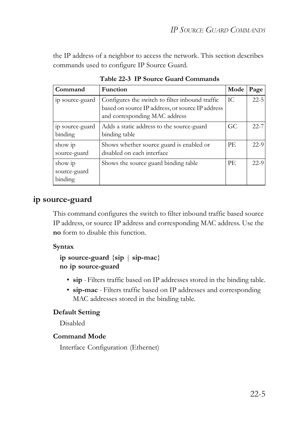Ip source-guard, Ip source-guard -5, Table 22-3 ip source guard commands -5 | Ip s | SMC Networks SMC TigerAccess SMC7824M/FSW User Manual | Page 499 / 748
