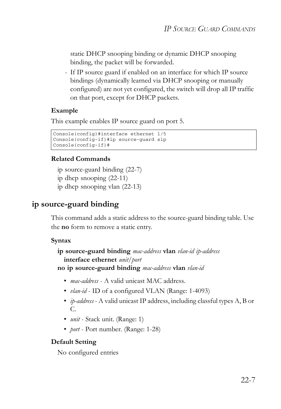 Ip source-guard binding, Ip source-guard binding -7, Source-guard binding | Ip s | SMC Networks SMC TigerAccess SMC7824M/FSW User Manual | Page 501 / 748