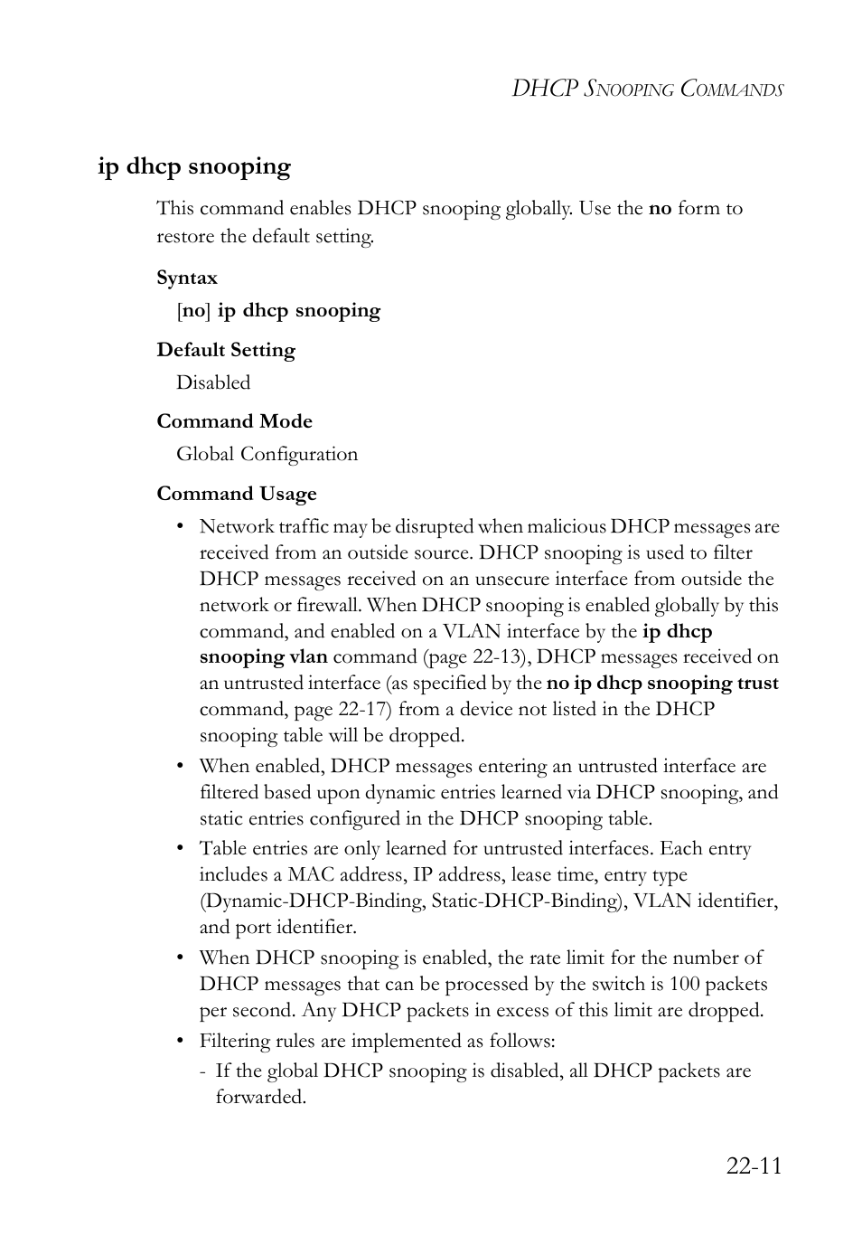 Ip dhcp snooping, Ip dhcp snooping -11, Ip dhcp snooping (22-11) | Dhcp s, 11 ip dhcp snooping | SMC Networks SMC TigerAccess SMC7824M/FSW User Manual | Page 505 / 748