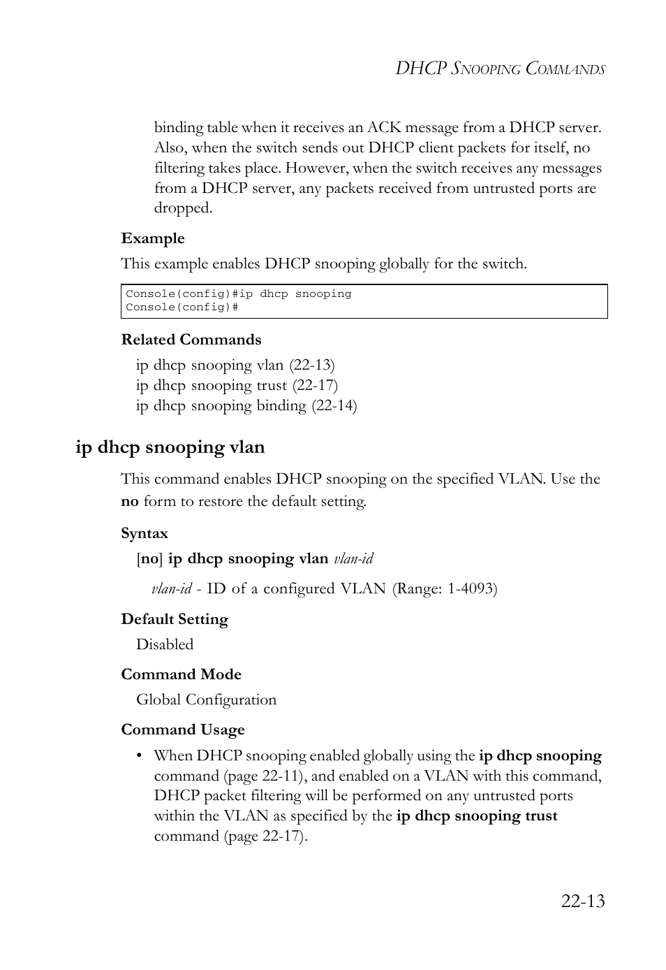 Ip dhcp snooping vlan, Ip dhcp snooping vlan -13, Ip dhcp snooping vlan (22-13) | E ip dhcp snooping vlan, Dhcp s | SMC Networks SMC TigerAccess SMC7824M/FSW User Manual | Page 507 / 748