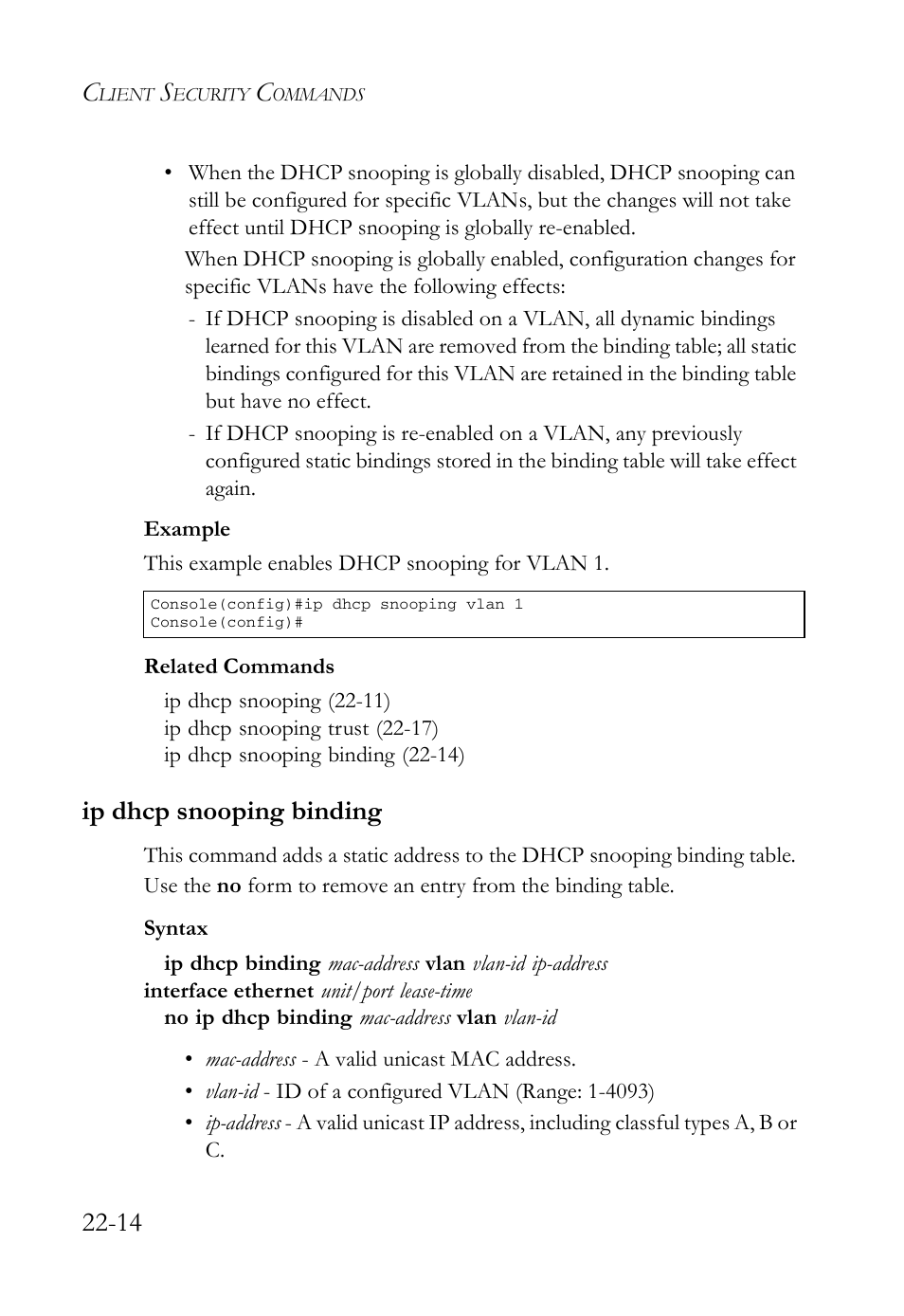 Ip dhcp snooping binding, Ip dhcp snooping binding -14, Ip dhcp snooping binding (22-14) | SMC Networks SMC TigerAccess SMC7824M/FSW User Manual | Page 508 / 748