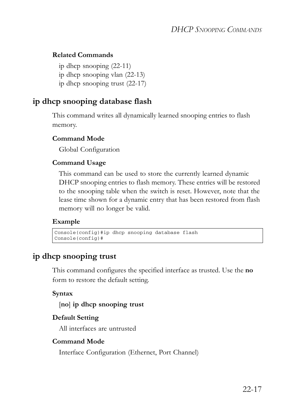 Ip dhcp snooping database flash, Ip dhcp snooping trust, Ip dhcp snooping trust (22-17) | Dhcp s | SMC Networks SMC TigerAccess SMC7824M/FSW User Manual | Page 511 / 748
