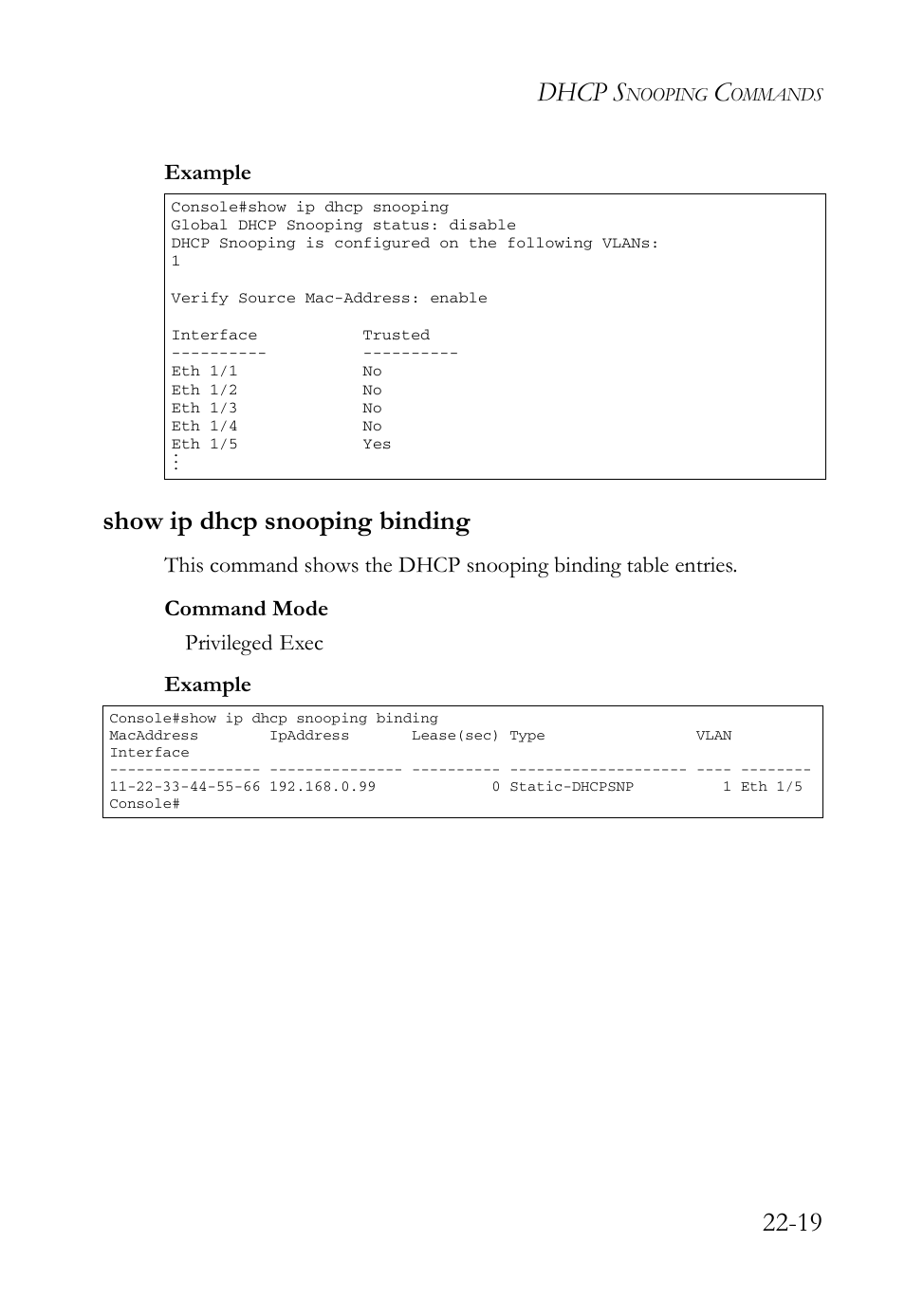 Show ip dhcp snooping binding, Show ip dhcp snooping binding -19, Dhcp s | SMC Networks SMC TigerAccess SMC7824M/FSW User Manual | Page 513 / 748