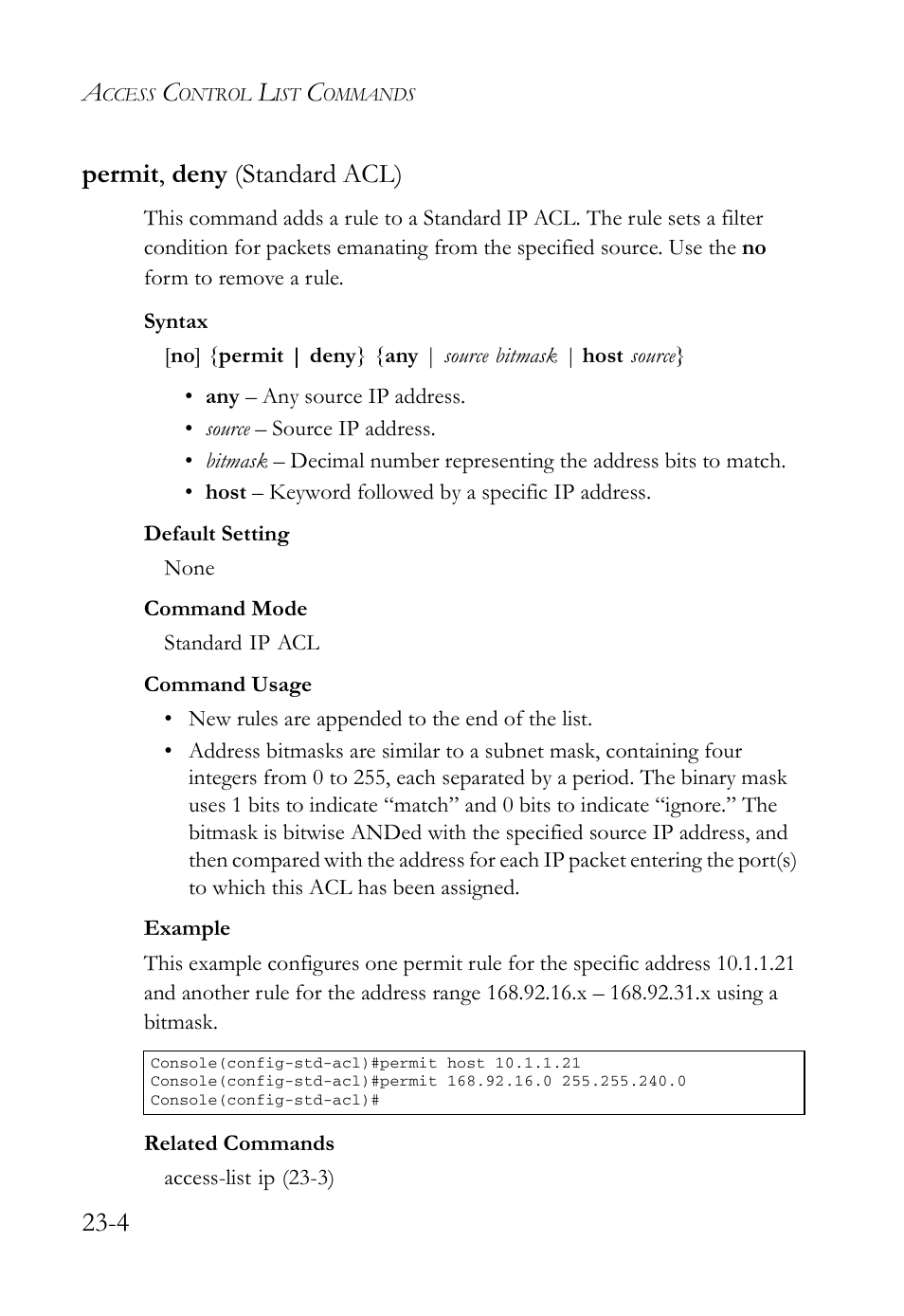 Permit, deny (standard acl), Permit, deny (standard acl) -4, 4 permit , deny (standard acl) | SMC Networks SMC TigerAccess SMC7824M/FSW User Manual | Page 518 / 748