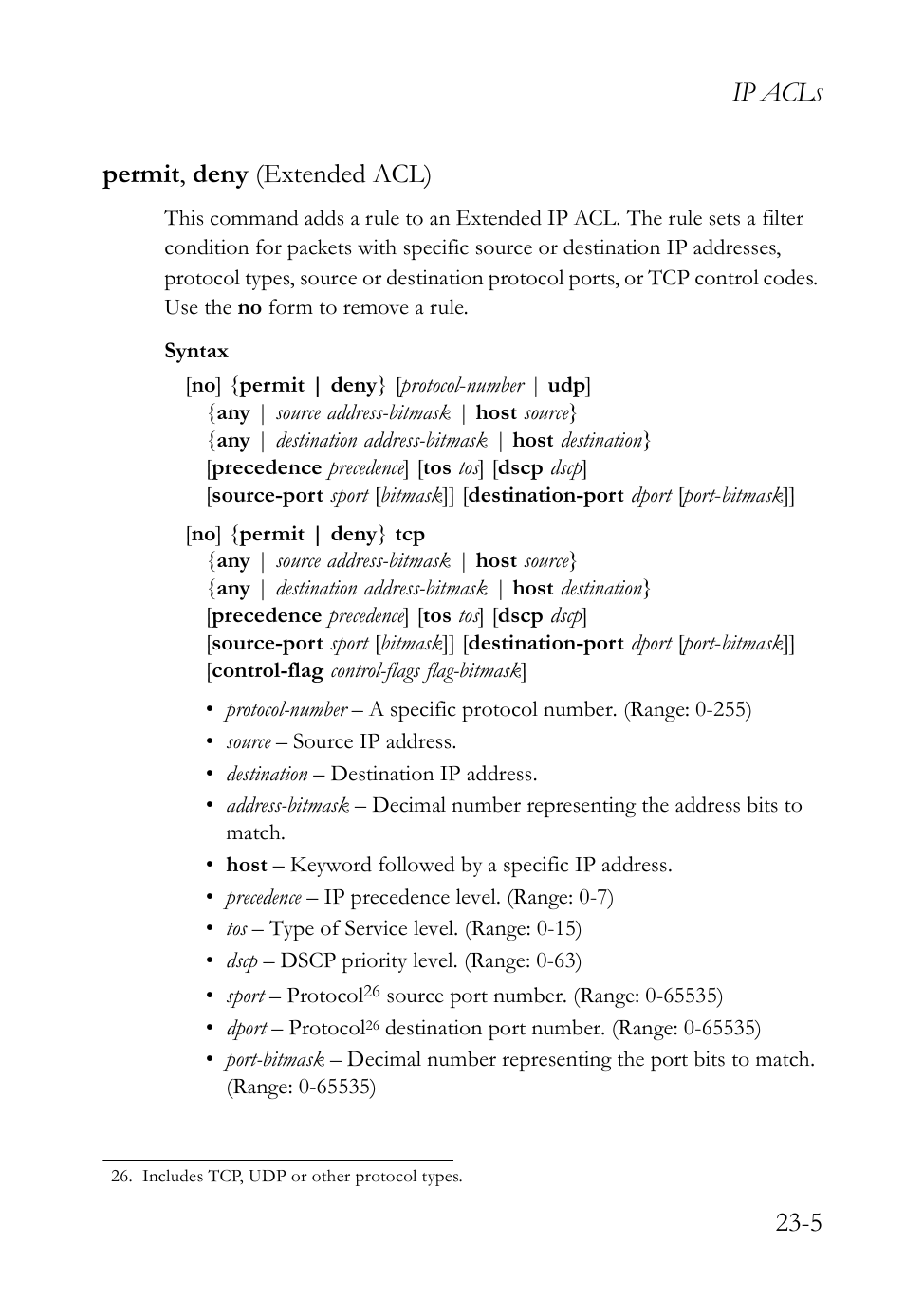 Permit, deny (extended acl), Permit, deny (extended acl) -5, Ip acl | 5 permit , deny (extended acl) | SMC Networks SMC TigerAccess SMC7824M/FSW User Manual | Page 519 / 748