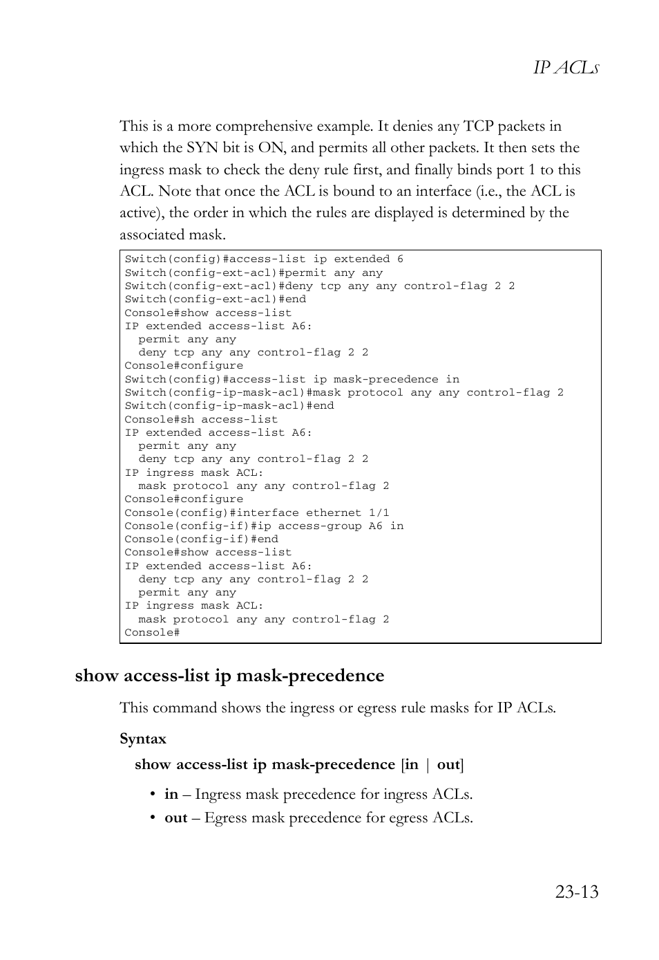 Show access-list ip mask-precedence, Show access-list ip mask-precedence -13, Ip acl | SMC Networks SMC TigerAccess SMC7824M/FSW User Manual | Page 527 / 748