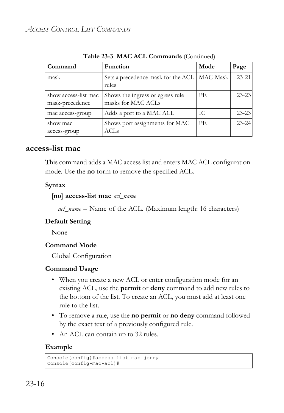 Access-list mac, Access-list mac -16, 16 access-list mac | SMC Networks SMC TigerAccess SMC7824M/FSW User Manual | Page 530 / 748