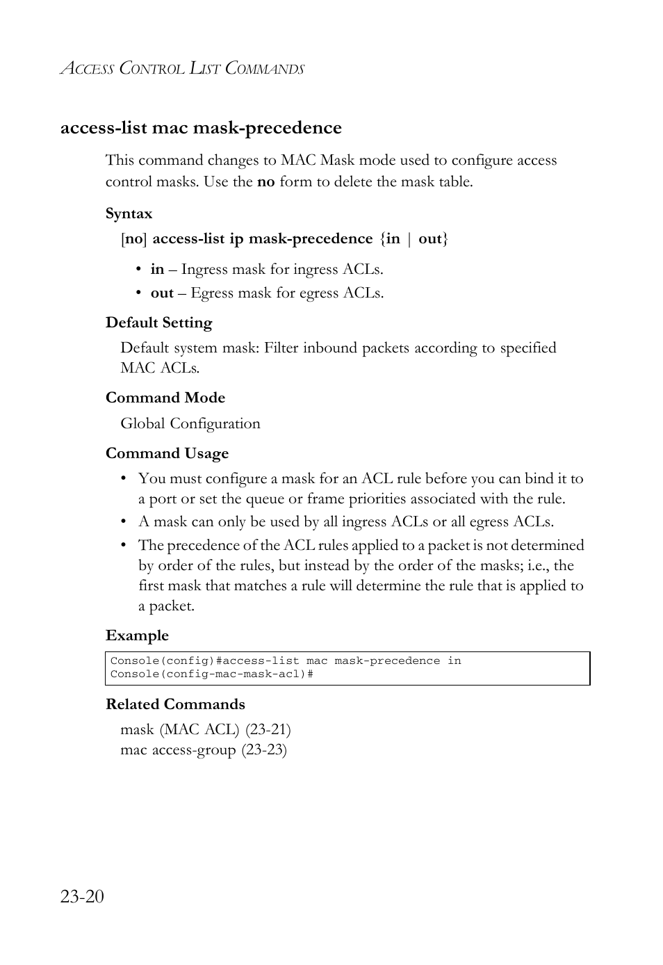 Access-list mac mask-precedence, Access-list mac mask-precedence -20, 20 access-list mac mask-precedence | SMC Networks SMC TigerAccess SMC7824M/FSW User Manual | Page 534 / 748