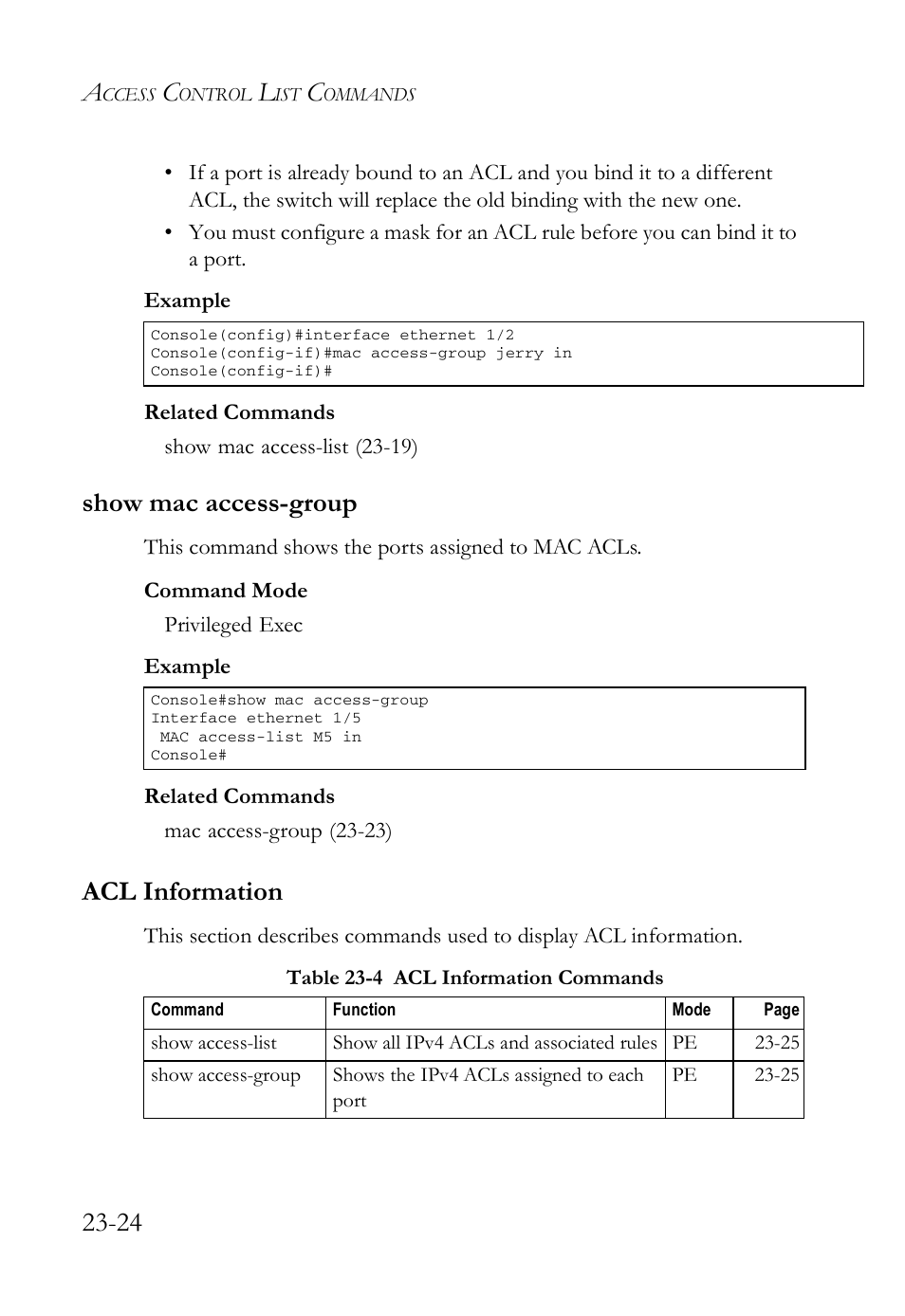 Show mac access-group, Acl information, Show mac access-group -24 | Acl information -24, Table 23-4 acl information commands -24 | SMC Networks SMC TigerAccess SMC7824M/FSW User Manual | Page 538 / 748
