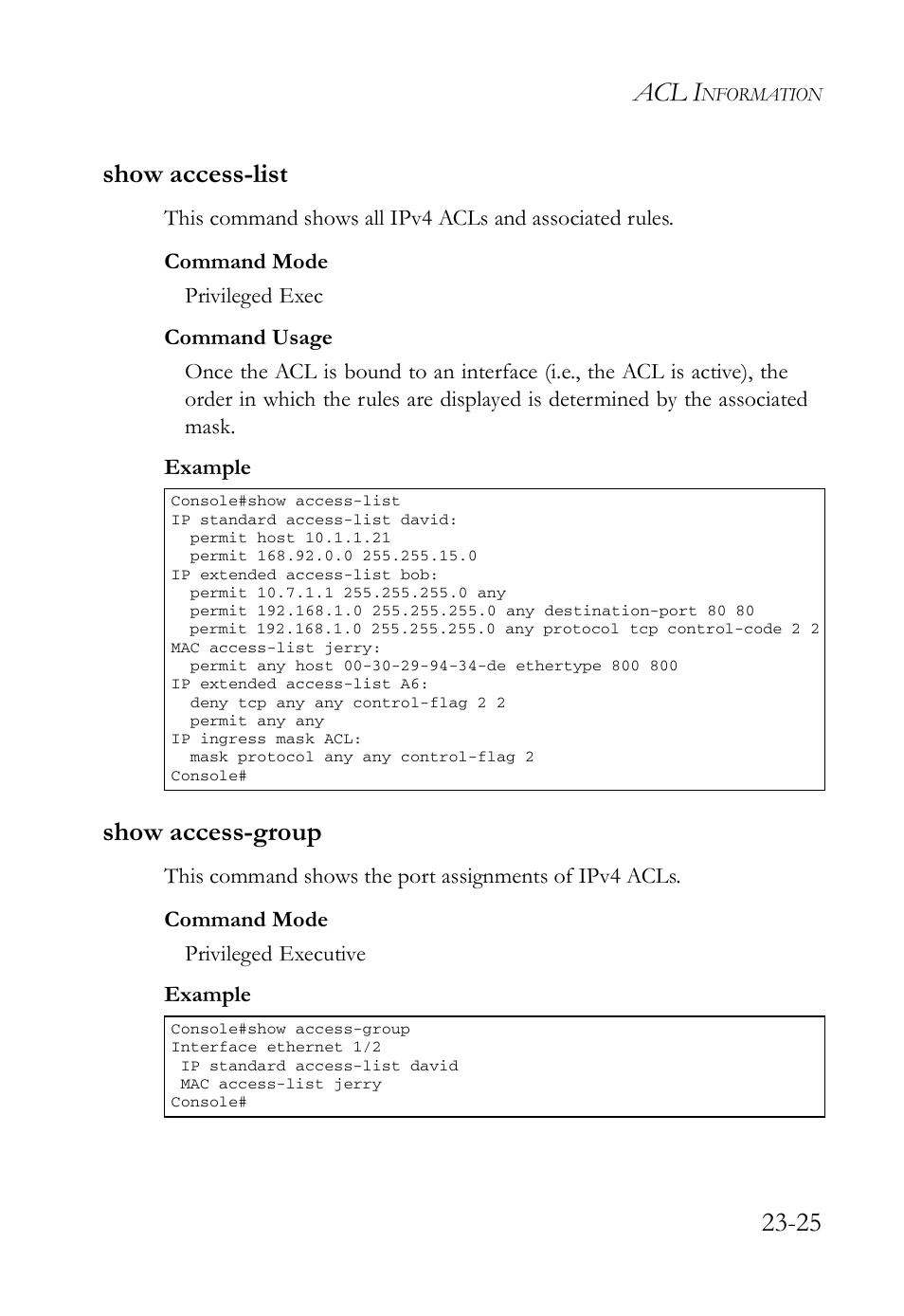 Show access-list, Show access-group, Show access-list -25 show access-group -25 | Acl i, 25 show access-list | SMC Networks SMC TigerAccess SMC7824M/FSW User Manual | Page 539 / 748