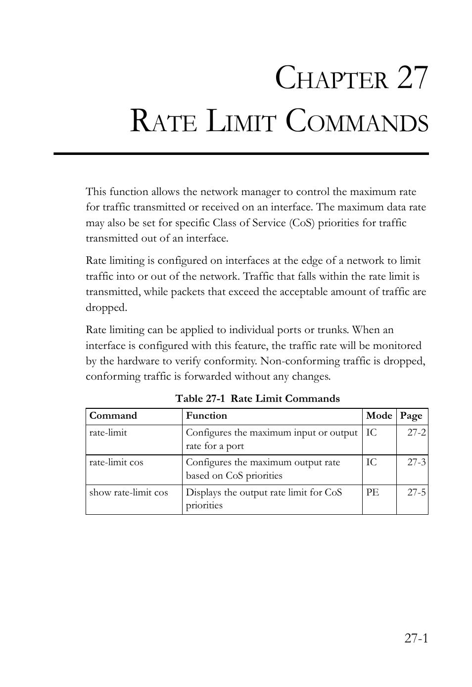 Chapter 27 rate limit commands, 27 rate limit commands -1, Table 27-1 rate limit commands -1 | Rate limit commands, 27 r, Hapter, Imit, Ommands | SMC Networks SMC TigerAccess SMC7824M/FSW User Manual | Page 577 / 748