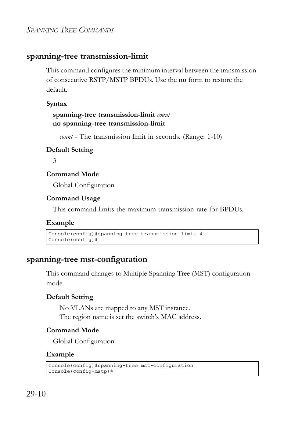 Spanning-tree transmission-limit, Spanning-tree mst-configuration, 10 spanning-tree transmission-limit | SMC Networks SMC TigerAccess SMC7824M/FSW User Manual | Page 598 / 748