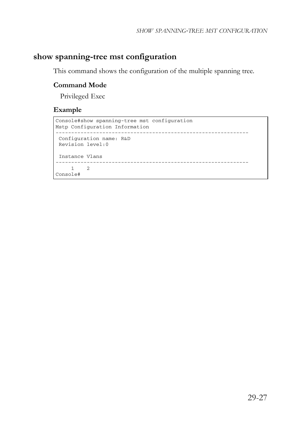 Show spanning-tree mst configuration, Show spanning-tree mst configuration -27, 27 show spanning-tree mst configuration | SMC Networks SMC TigerAccess SMC7824M/FSW User Manual | Page 615 / 748