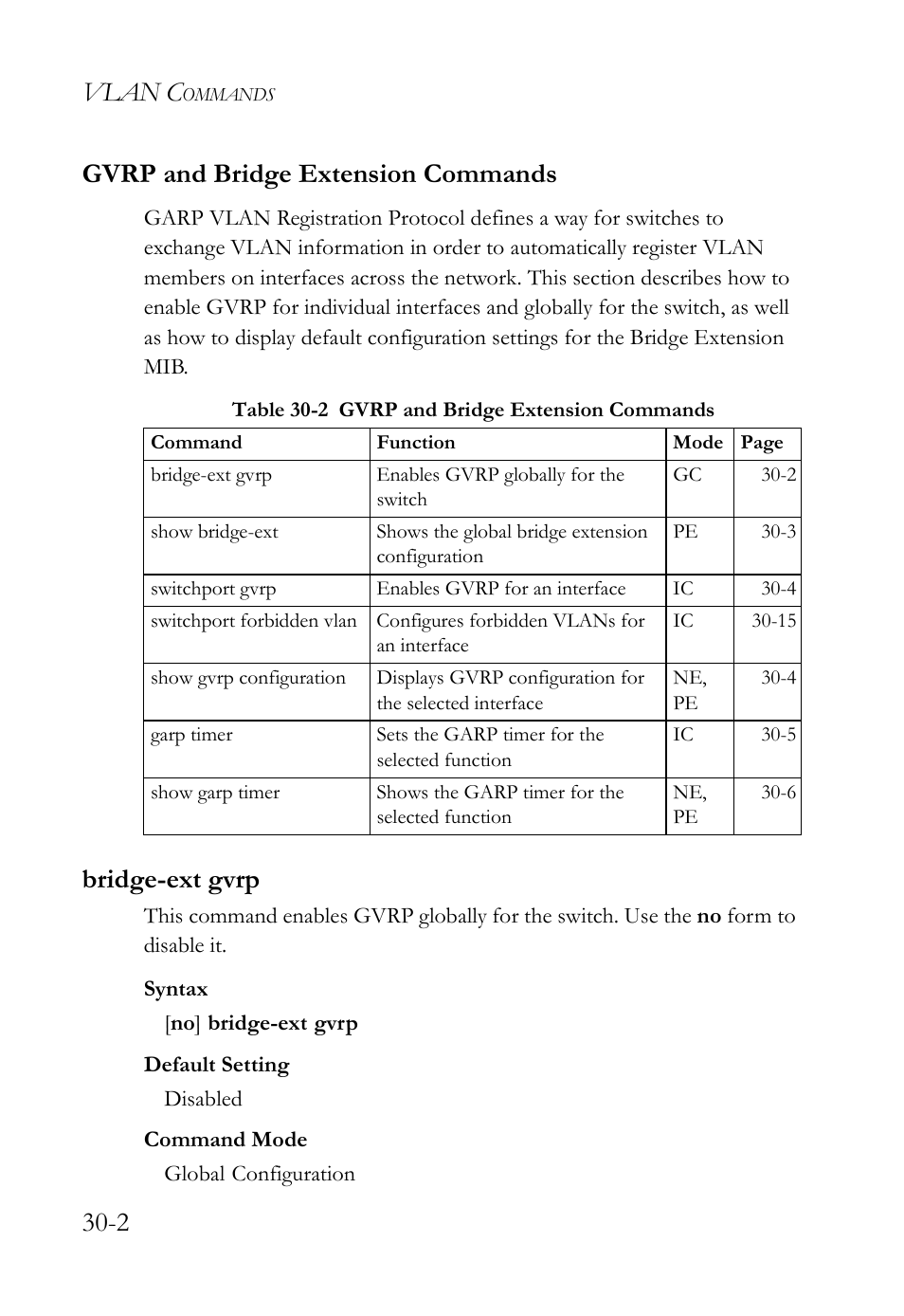 Gvrp and bridge extension commands, Bridge-ext gvrp, Gvrp and bridge extension commands -2 | Bridge-ext gvrp -2, Table 30-2 gvrp and bridge extension commands -2, Vlan c, 2 gvrp and bridge extension commands | SMC Networks SMC TigerAccess SMC7824M/FSW User Manual | Page 618 / 748