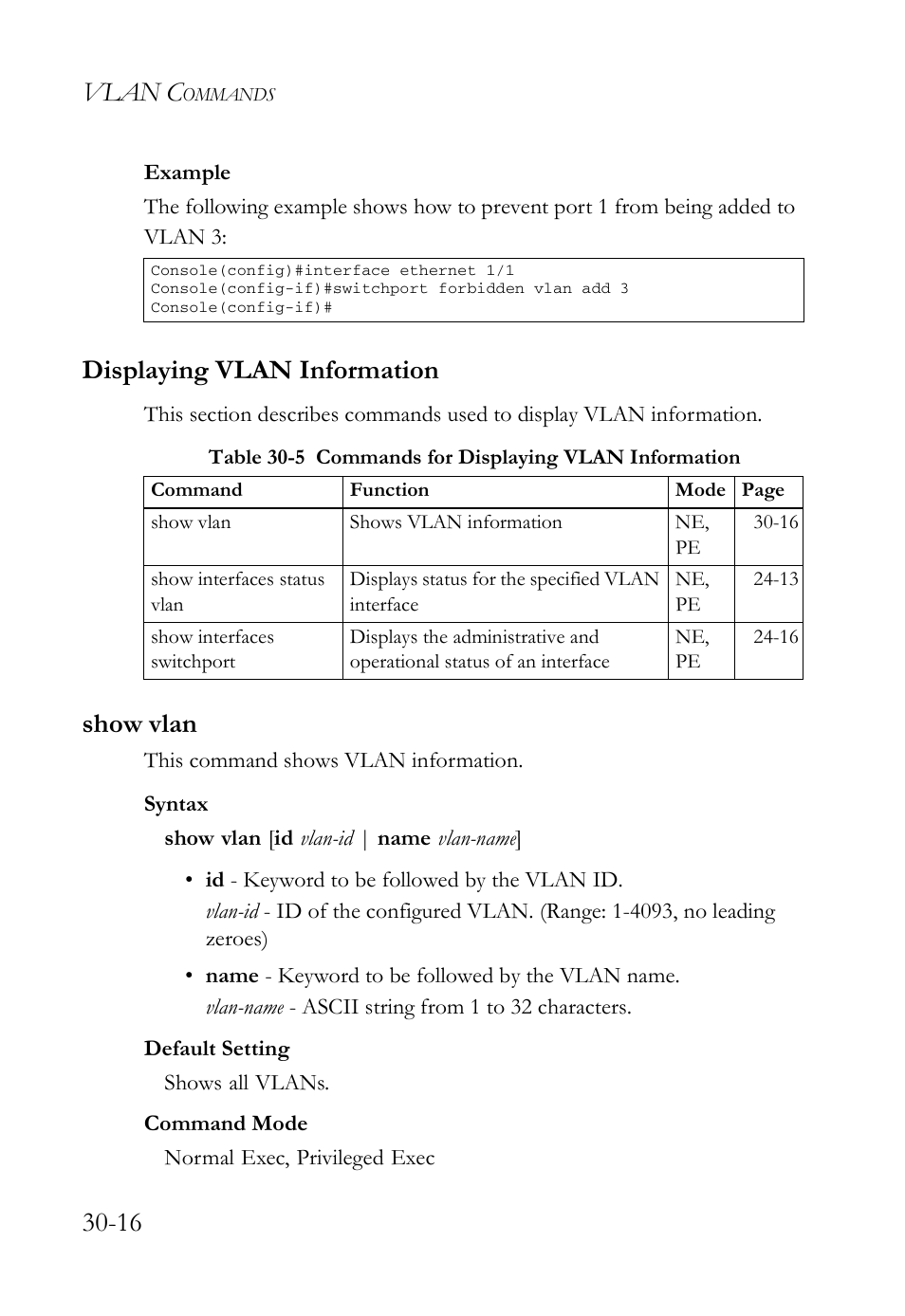 Displaying vlan information, Show vlan, Displaying vlan information -16 | Show vlan -16, Show vlan (30-16), Vlan c | SMC Networks SMC TigerAccess SMC7824M/FSW User Manual | Page 632 / 748