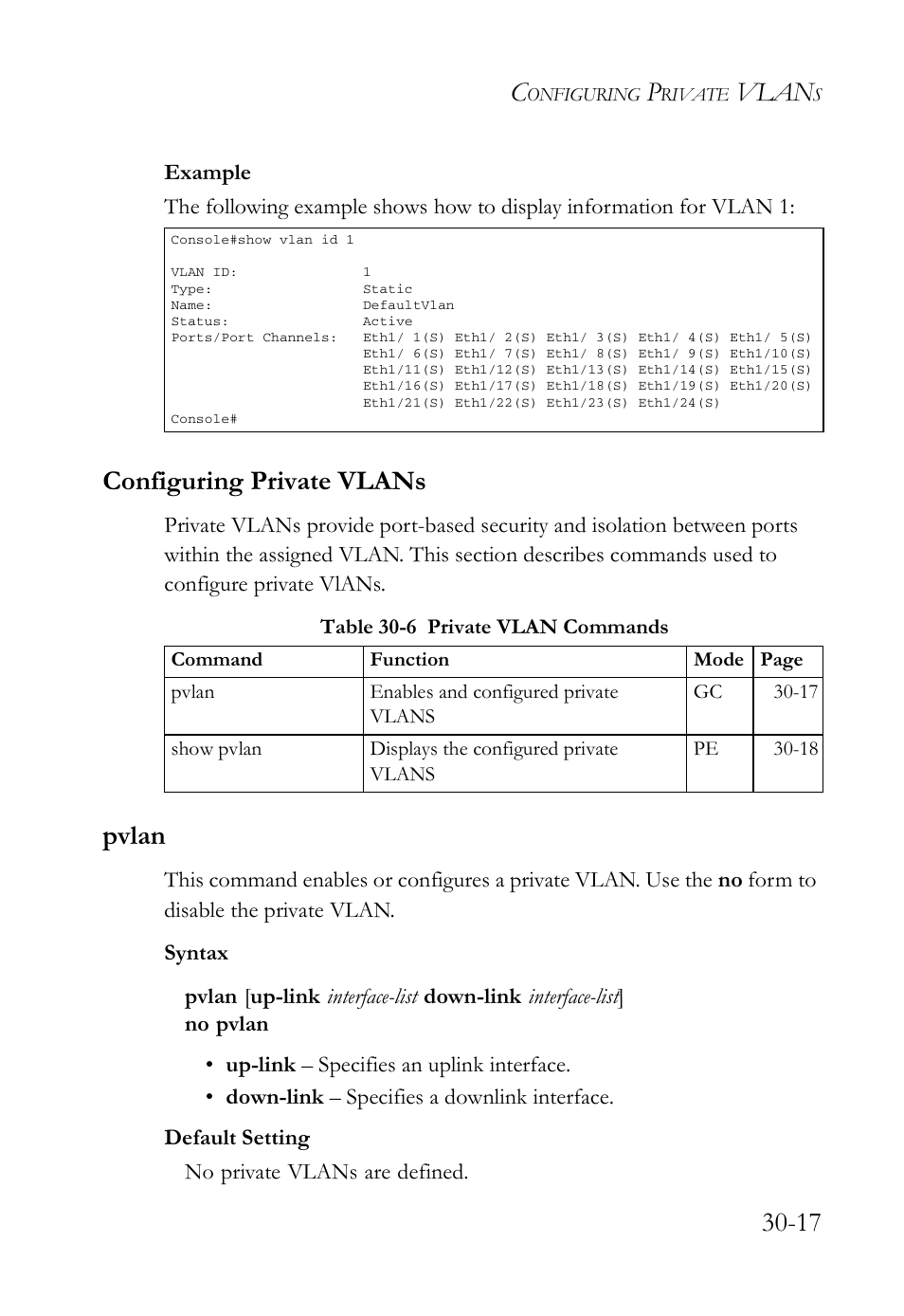Configuring private vlans, Pvlan, Configuring private vlans -17 | Pvlan -17, Table 30-6 private vlan commands -17, Vlan | SMC Networks SMC TigerAccess SMC7824M/FSW User Manual | Page 633 / 748