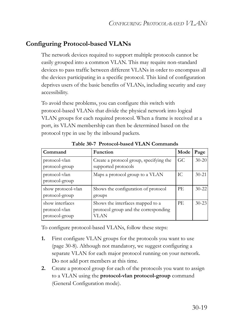 Configuring protocol-based vlans, Configuring protocol-based vlans -19, Table 30-7 protocol-based vlan commands -19 | Vlan, 19 configuring protocol-based vlans | SMC Networks SMC TigerAccess SMC7824M/FSW User Manual | Page 635 / 748