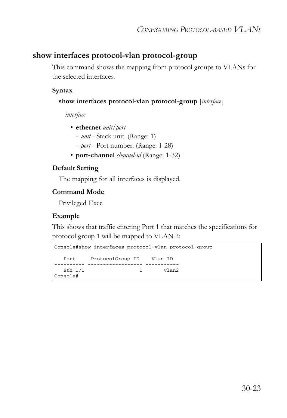 Show interfaces protocol-vlan protocol-group, Show interfaces protocol-vlan protocol-group -23, Vlan | 23 show interfaces protocol-vlan protocol-group | SMC Networks SMC TigerAccess SMC7824M/FSW User Manual | Page 639 / 748