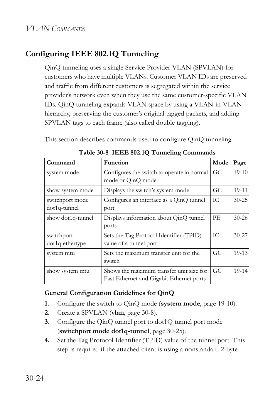 Configuring ieee 802.1q tunneling, Configuring ieee 802.1q tunneling -24, Table 30-8 ieee 802.1q tunneling commands -24 | Vlan c | SMC Networks SMC TigerAccess SMC7824M/FSW User Manual | Page 640 / 748